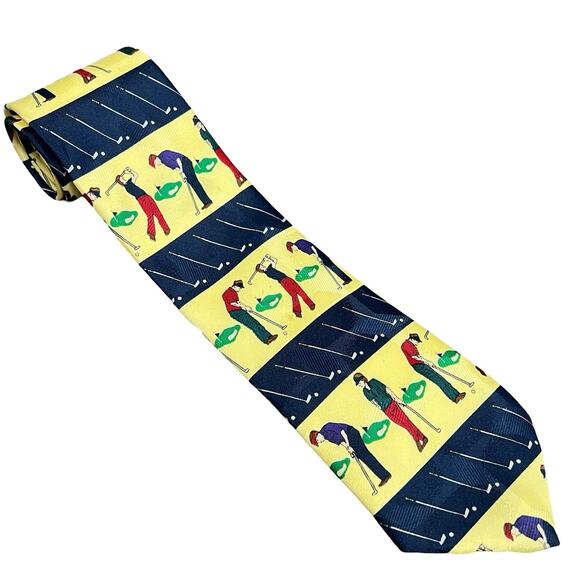 Vintage Yellow Blue Golf Golfer Putting Driving Clubs Necktie Tie 100% Polyester - Picture 1 of 6